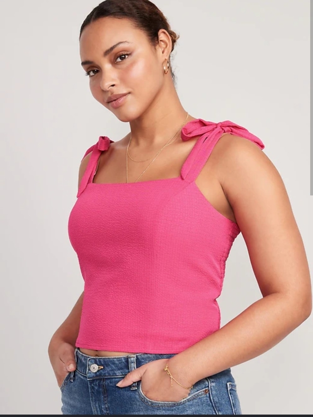 Old Navy Hot Pink Tie-Shoulder Square Neck Cropped Dobby Corset